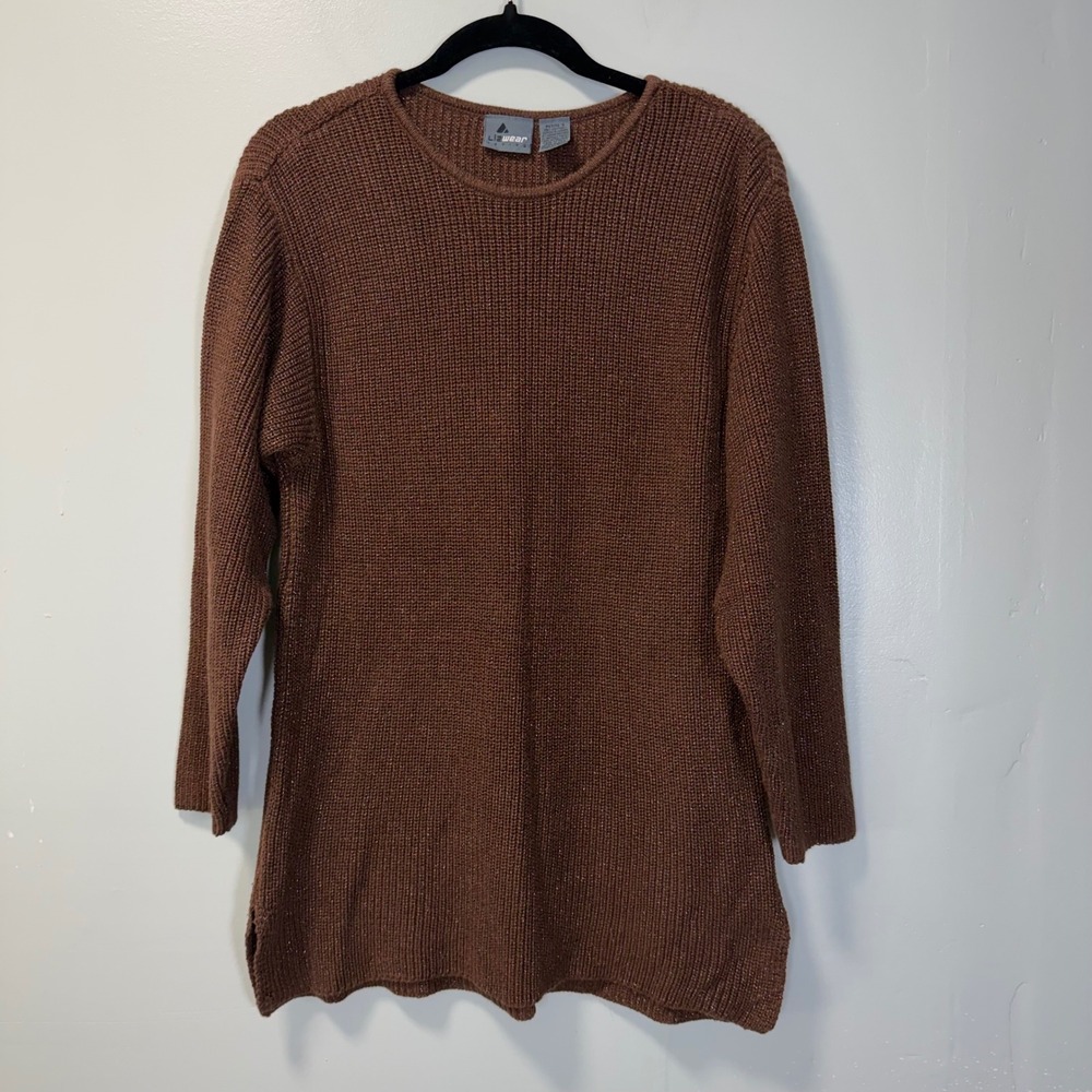 Lizwear Petite Brown Metallic Shimmer Long Sleeve Knit Sweater Top